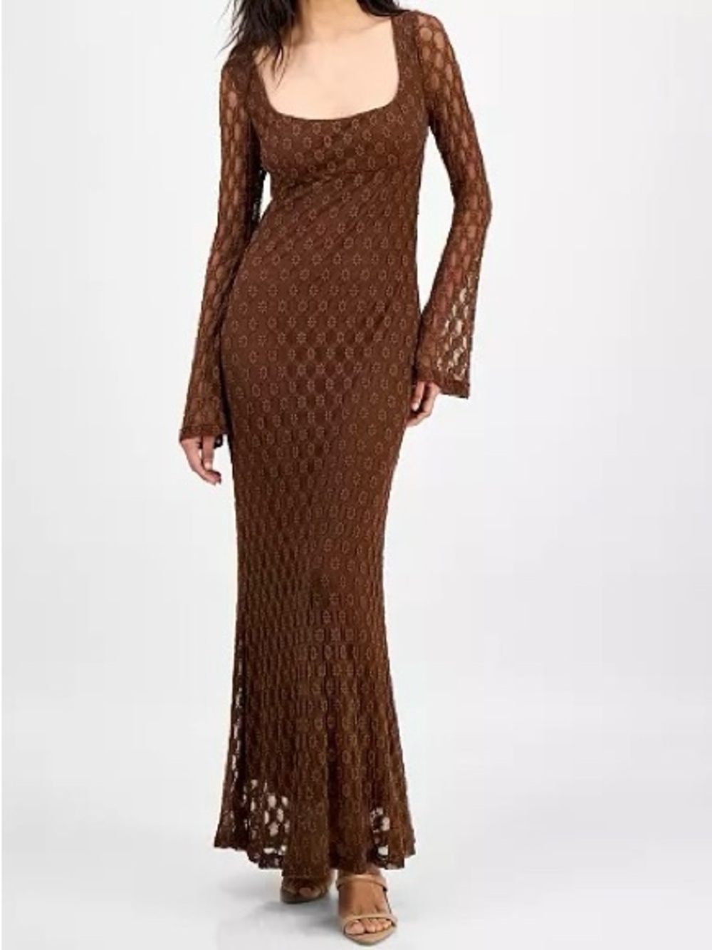 Bardot Bell-Sleeve Crochet Lace Maxi Dress Brown Stretchy XXL NWT